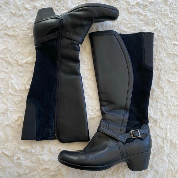 Clarks Women’s Knee High Ingalls Riding Boots 11 Black Leather Buckle Western - Picture 1 of 15